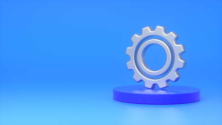 Metal gear sign on a dark blue podium on a blue background. The concept of settings, service, breakdowns, repair. 3d renderingの写真素材