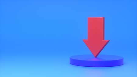 Red down arrow sign on a dark blue podium on a blue background. Fall, business, report and marketing concept. 3d renderingの写真素材