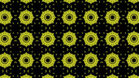 Abstract yellow geometric seamless pattern background. Abstract Stripes Kaleidoscope. Fast Psychedelic Colorful Kaleidoscope VJ background. Disco Abstract Background. Kaleidoscope effectの写真素材
