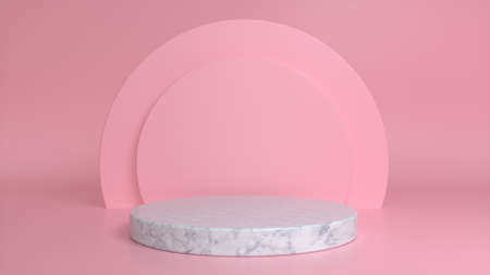 Marble podium, pedestal on a pink background. Blank showcase mockup with empty round stage. abstract geometry background. Stage for advertising product display with copy space. 3d renderingの写真素材