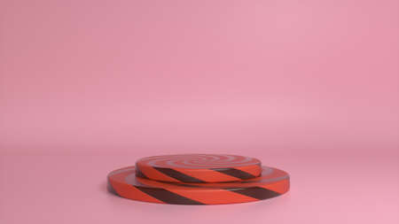 Striped podium and minimal abstract pink background. Blank showcase mockup with empty round stage. Abstract geometry shape background. Stage for advertising product display with copy space. 3d renderingの写真素材