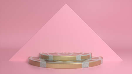 Golden patterned podium on a pink triangular background. Blank showcase mockup with empty round stage. abstract geometry background. Stage for advertising product display with copy space. 3d renderingの写真素材