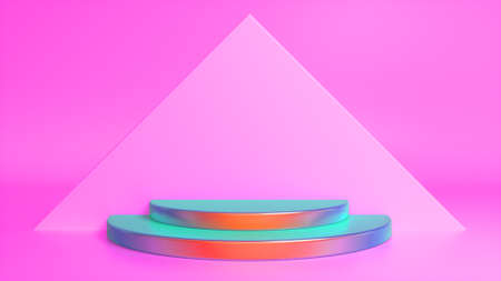 Colorful podium on pink abstract triangular background. Blank showcase mockup with empty round stage. Geometry background. Stage for advertising product display with copy space. 3d renderingの写真素材