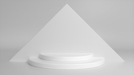 White podium on gray abstract triangular background. Blank showcase mockup with empty round stage. Geometry background. Stage for advertising product display with copy space. 3d renderingの写真素材