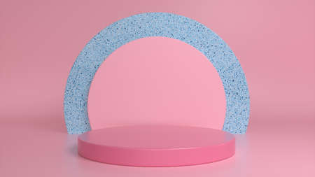 Pink podium, pedestal on a pink marble background. Blank showcase mockup with empty round stage....