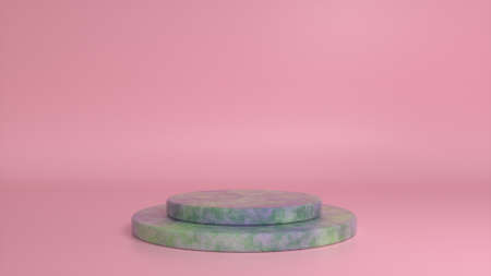 Stone podium and minimal abstract pink background. Blank showcase mockup with empty round stage. Abstract geometry shape background. Stage for advertising product display with copy space. 3d renderingの写真素材