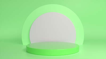 Green glossy podium, pedestal on green background. Blank showcase mockup with empty round stage. abstract geometry background. Stage for advertising product display with copy space.3d renderの写真素材
