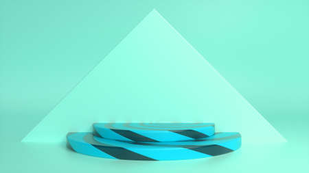 Blue striped podium on blue abstract triangular background. Blank showcase mockup with empty round...