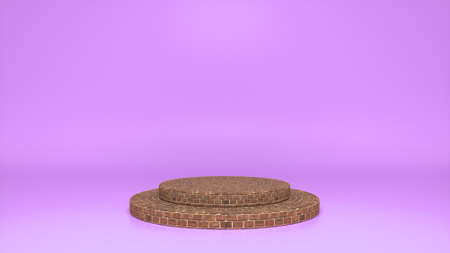 Brick podium, pedestal on purple background. Blank showcase mockup with empty round stage. Abstract geometry shape background. Stage for advertising product display with copy space. 3d renderingの写真素材
