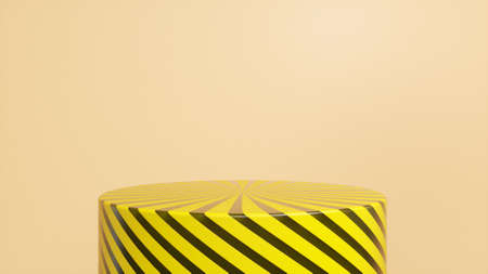 Yellow striped glossy podium, pedestal on yellow background. Blank showcase mockup with empty round...