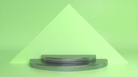 Chrome glossy podium on green abstract triangular background. Blank showcase mockup with empty round stage. Geometry background. Stage for advertising product display with copy space. 3d renderingの写真素材