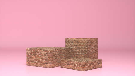 Three empty Brick glossy stands and abstract Pink geometry background. Podium, pedestal, platform...