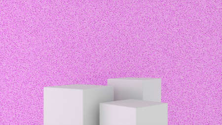 Three empty White stands and abstract Purple geometry background. Podium, pedestal, platform for...