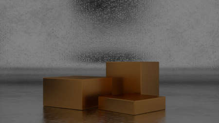 Three empty Golden stands and abstract Rough metal geometry background. Podium, pedestal, platform...