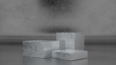 Three empty Rough metal stands and abstract Pink geometry background. Podium, pedestal, platform for cosmetic product presentation, showcase. Minimalist mock up scene, concept template. 3d renderingの写真素材