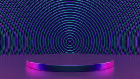 Colorful glossy podium and abstract geometry background. Round podium, pedestal, platform for...