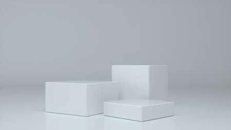Three empty gray stands and abstract geometry background. Podium, pedestal, platform for cosmetic...