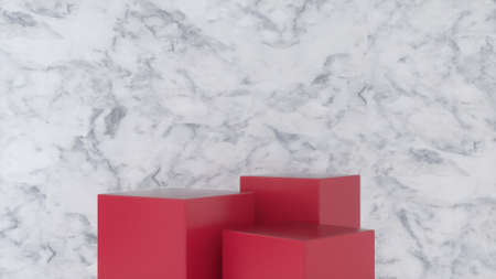 Three empty Red stands and abstract Marble geometry background. Podium, pedestal, platform for cosmetic product presentation, showcase. Minimalist mock up scene, concept template. 3d renderingの写真素材