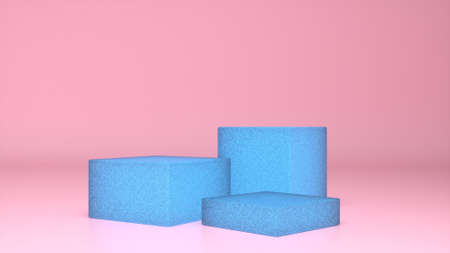 Three empty Glow blue stands and abstract Pink geometry background. Podium, pedestal, platform for...