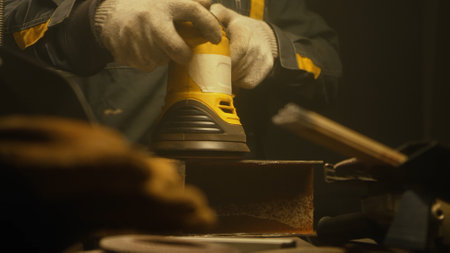 Worker polishing metal with grinder. Interior of a heavy industry factory with a worker using a...