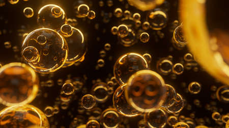 Underwater bubbles. Abstract orange golden bubble background. Distribution of bubbles. Nice 3d spheres with reflection. Macro shot of various air bubbles in water. 3D renderingの写真素材