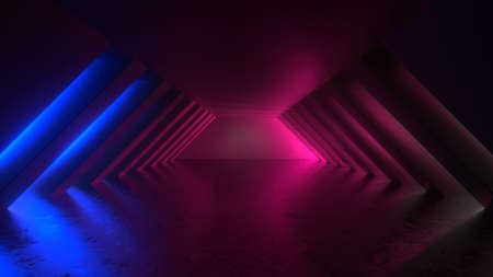 Futuristic Sci Fi Neon Tunnel With Pink And Blue Neon Light. Glowing Colorful Light Coming Through The Corridor. 3D renderingの写真素材