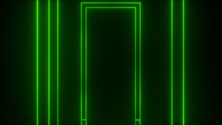 Green neon frame with glowing lines. Cyberpunk neon door background concept. Glowing neon frame. Modern 3d graphic concept. 3D renderingの写真素材