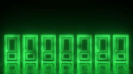 Seven abstract green closed doors with glowing lines. Cyberpunk neon door background concept. Glowing neon frame. Modern 3d graphic concept. 3D renderingの写真素材