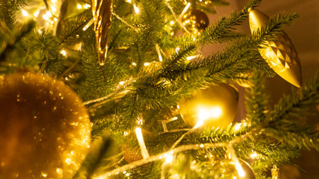 Christmas tree branches with flowing fairy lights indoors closeup. Brilliant festive ornament with...