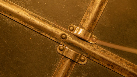 Vintage book with leather cover and metal corner on table closeup. Antique foliant decorated with handmade steel details and rivets. Exclusive retro style item from library on podiumの写真素材