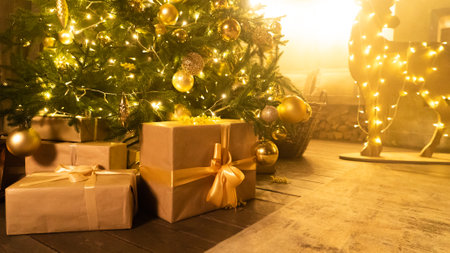 Christmas holiday decor with tree deer fireplace and fairy lights at home. Festive garlands illuminated living room prepared for Xmas celebration. Cozy winter season and domestic lifeの写真素材