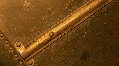 Vintage metal fastening with rivets on dark surface upper view. Crossed thin steel planks fixed to wall in semi-dark room. Details of old-fashioned item at gentle light in enclosureの写真素材