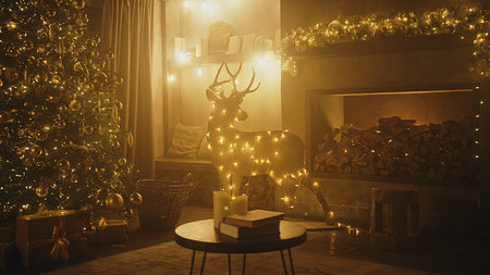 Christmas holiday decor with tree deer fireplace and fairy lights at home. Festive garlands illuminated living room prepared for Xmas celebration. Cozy winter season and domestic lifeの写真素材