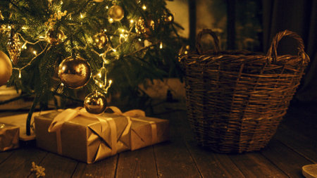 Gifts box with ribbon and bow under Christmas tree at home closeup. Presents container wrapped and decorated on floor in living room. Surprise for family members and Xmas holiday celebration symbolの写真素材