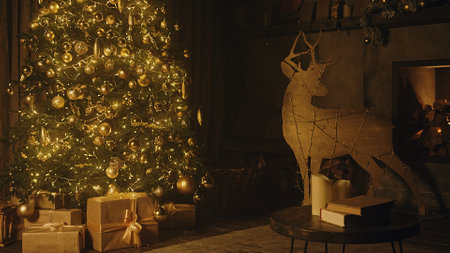 Gifts box with ribbon and bow under Christmas tree at home closeup. Presents container wrapped and decorated on floor in living room. Surprise for family members and Xmas holiday celebration symbolの写真素材