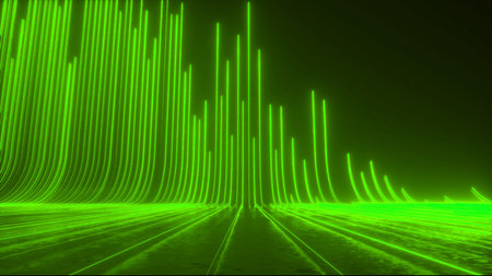 Abstract futuristic neon background, green glowing lines, laser beams, light speed. 3d renderの写真素材