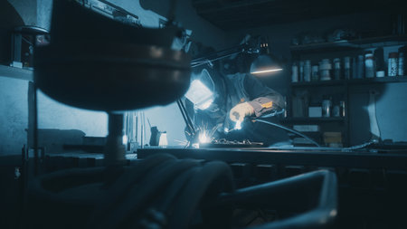 A man works with a welding machine at a factory. A welder welds metal in a workshop. Sparks fly from hot metal. The man worked hard on the steelの写真素材