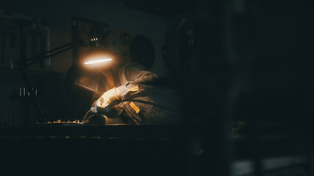 A man works with a welding machine at a factory. A welder welds metal in a workshop. Sparks fly from...