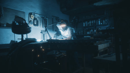 A man works with a welding machine at a factory. A welder welds metal in a workshop. Sparks fly from...