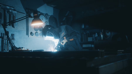A man works with a welding machine at a factory. A welder welds metal in a workshop. Sparks fly from...