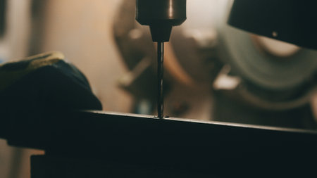 Drill bit drills metal. Drilling a hole. Close up, macroの写真素材