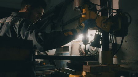 A worker works on a metal drilling machine in a workshop. Metallurgy production. A machinist operating a traditional non-CNC milling machine in a machine shop. Operates an industrial machineの写真素材