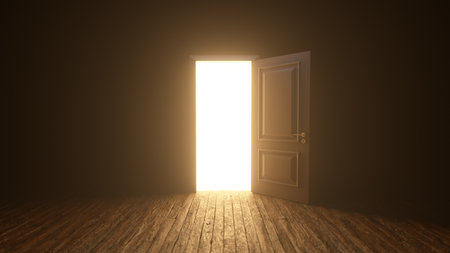 Brown wooden door to the universe. The door open filling with bright warm light. Room with wooden textured floor. Dark to the Light. Entrance or exit, way out concept. 3D renderの写真素材
