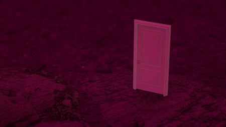 A closed door against a fantastic background of hills, mountains and sky. Concept of innovation, future and hope, beginning or victory. 3D renderingの写真素材