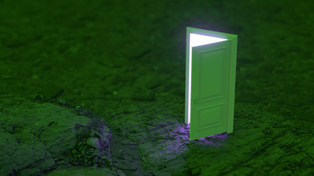 The door open against a fantastic backdrop of hills and mountains and sky. Concept of innovations, future and hope, beginning or a win. 3d renderの写真素材
