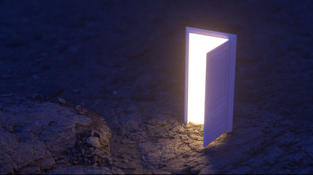 The door open and a bright orange light fills the space against a fantastic backdrop of hills and mountains and sky. Concept of innovations, future and hope, beginning or a win. 3d renderの写真素材