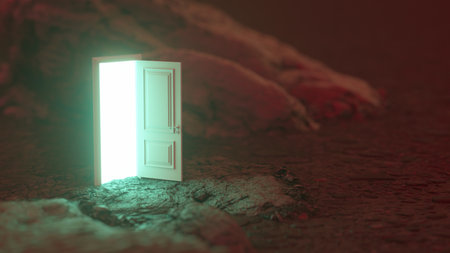 The door open against a fantastic backdrop of hills and mountains and sky. Concept of innovations, future and hope, beginning or a win. 3d renderの写真素材