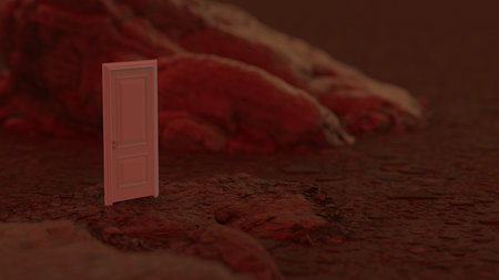 A closed door against a fantastic background of hills, mountains and sky. Concept of innovation, future and hope, beginning or victory. 3D renderingの写真素材