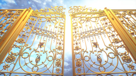 Golden gate to heaven. The gate open against the background of a colorful sky. 3D renderの写真素材