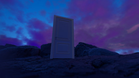 A closed door against a fantastic background of hills, mountains and sky. Concept of innovation, future and hope, beginning or victory. 3D renderingの写真素材